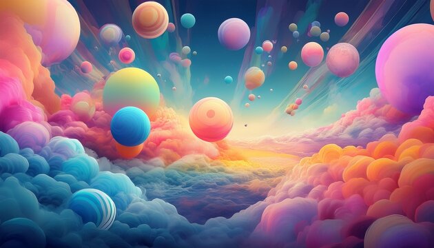 colorful abstract orbs floating in soft rainbow cloudscape