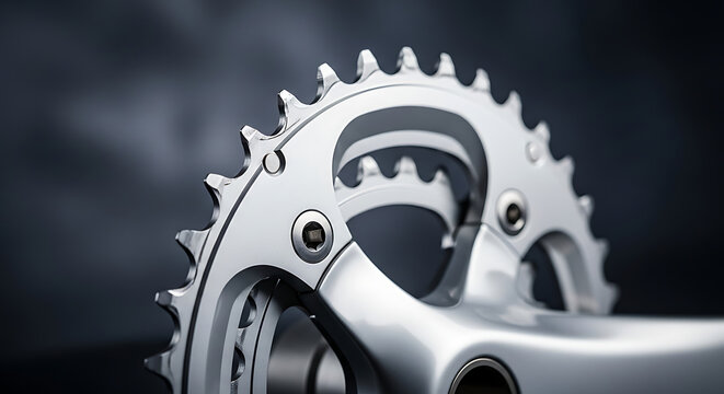 Close up of a bicycle chainring and crank arm, metallic and detailed, cycling equipment