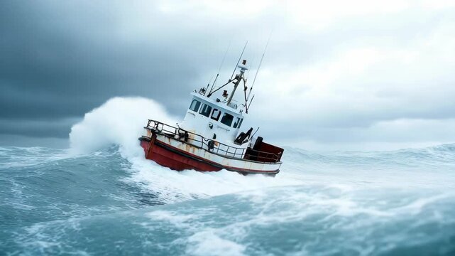 A small boat faces rough waves as it moves through a stormy sea. The wind blows hard, and the boat rocks from side to side while the water splashes around it