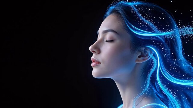 Profile of woman with glowing blue hair