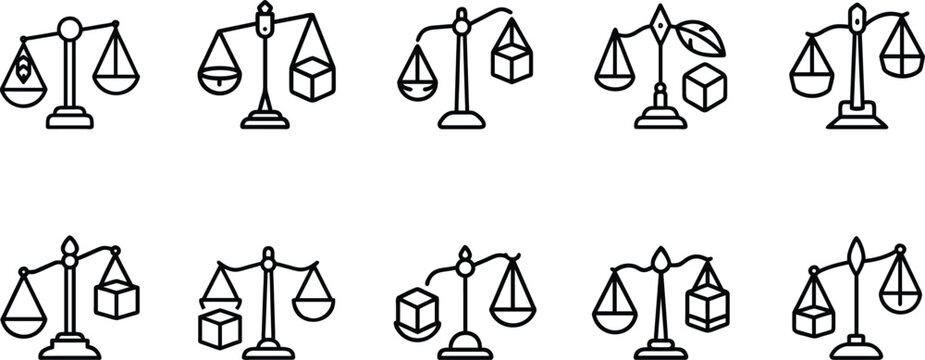 Balance scale icon set with geometric cubes, legal justice weighing symbols, linear vector illustration of comparative options