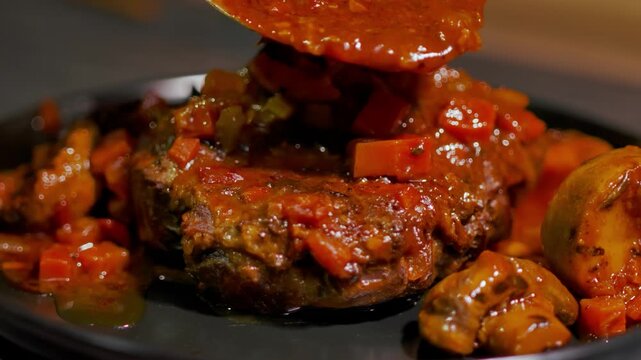 Close up shot of a chef plating a dish. A ladle pours a rich, savory vegetable gravy over a tender, perfectly cooked Osso Buco steak. Delicious gourmet meal