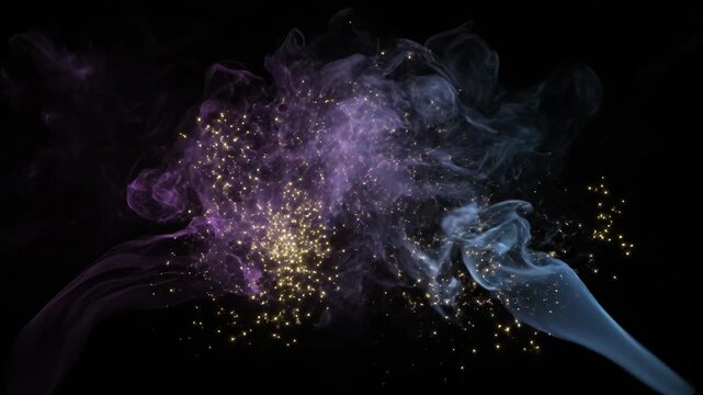 Two plumes of colorful smoke with tiny glowing particles on black background, artistic effect