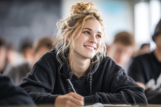 A teenage girl smiles while writing in a classroom, surrounded by other students, appearing engaged and happy during a lesson.