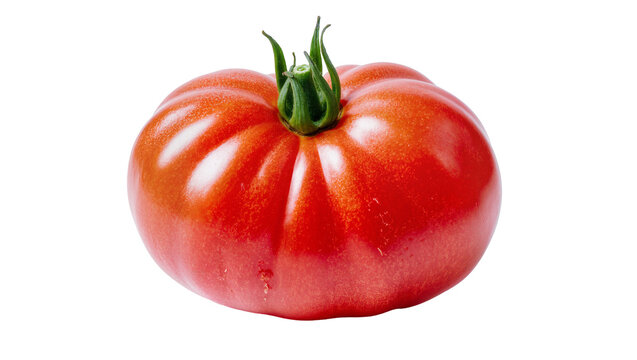 Ripe red heirloom tomato with green stem and leaves
