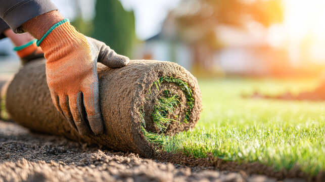 Close-up of gloved hands unrolling fresh sod onto soil in a sunny garden or yard.