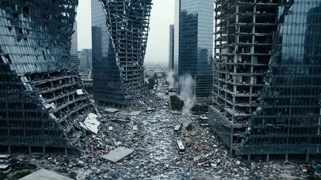 Post-apocalyptic cityscape with severely damaged skyscrapers and vast debris, depicting urban desolation and collapse