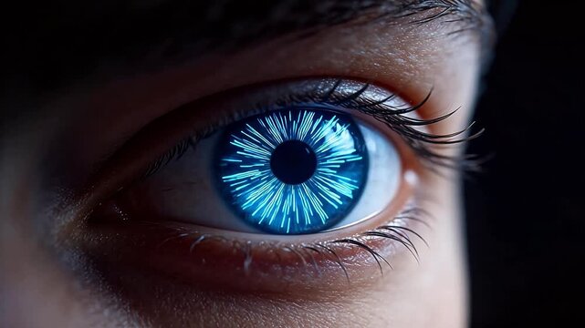 Closeup of an eye with glowing blue pattern