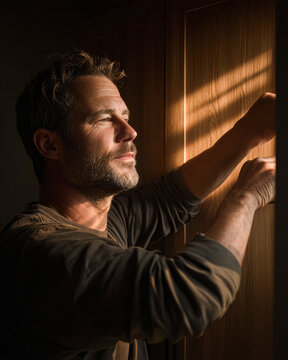 A man stands by a wooden door, bathed in warm sunlight, appearing focused as he works with his hands near the door frame.