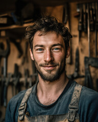Obraz premium A bearded man in work clothes stands in a workshop, smiling confidently with tools hanging on the wall behind him.
