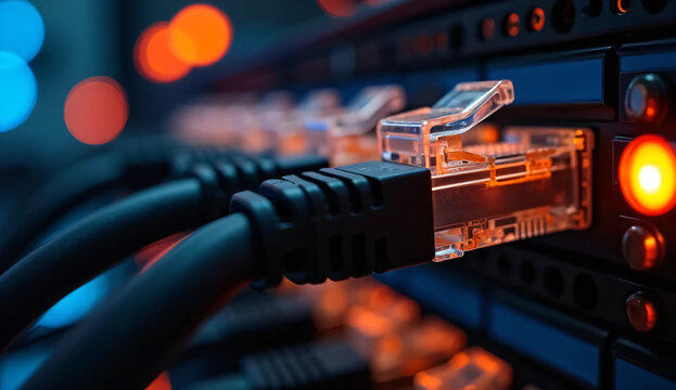 Close up of black LAN internet cables connected to glowing connectors in the server room