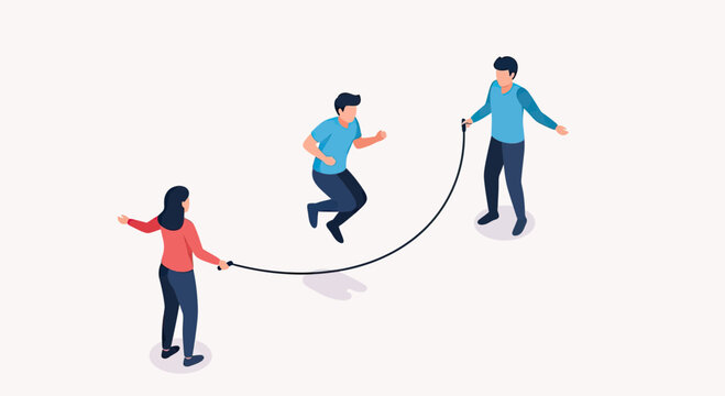 Isometric Vector Illustration of Friends Playing Jump Rope Together, Fitness and Active Lifestyle Concept