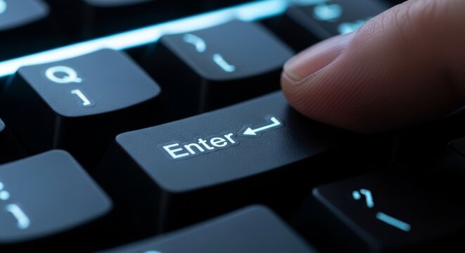 Finger pressing the Enter key on a modern computer keyboard