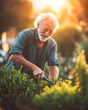 An elderly man happily trims bushes in a sunlit garden, surrounded by lush greenery and a warm, golden glow.