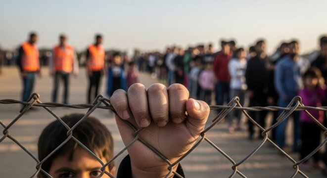 Child holding fence with crowded background of displaced people and volunteers assisting with humanitarian crisis. Image captures the emotional weight of war and displacement,