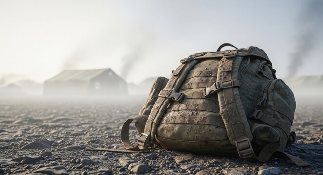 Military backpack on dusty ground with tents in foggy background. Backpack features multiple pockets and rugged design, emphasizing military context and outdoor handling.
