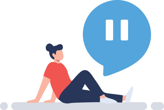 Person sitting and relaxing with a pause icon in a speech bubble representing taking a break mental wellness and downtime for self care vector illustration