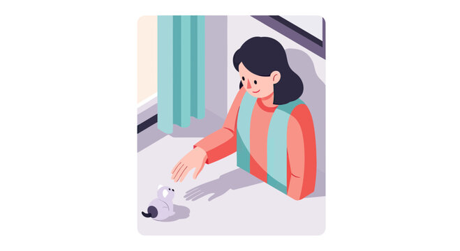 Isometric Vector Illustration of a Young Woman Interacting with a Small Pet Mouse at Home