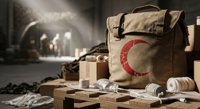 Military medical bag and supplies on wooden crate with bandages, syringes, and first aid items positioned in shadowy environment.