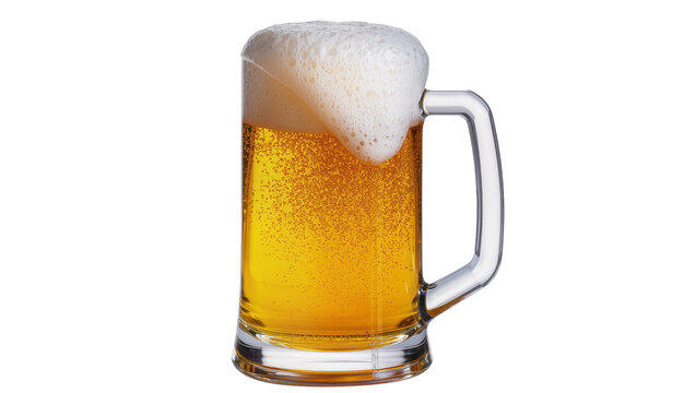 Frothy golden beer in clear glass mug with handle
