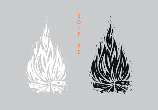 White and Black Silhouette of Wood Campfire. Outdoor Bonfire. Fire Flame and Wooden Logs. Burning Firewood or Fireplace. Hand-drawn Vector illustration