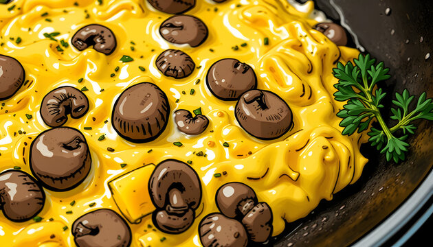 Close up of scrambled eggs with mushrooms preparation, comic art. White tone