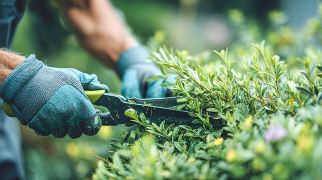 A person wearing gloves trims green bushes with garden shears in a well-maintained outdoor setting.