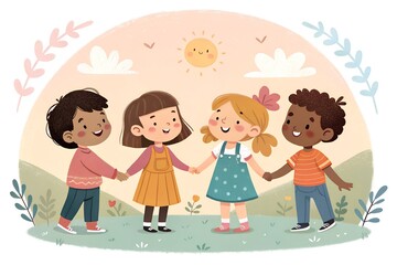 Fototapeta premium Adorable diverse children holding hands in a circle on a sunny day in a grassy field with gentle clouds