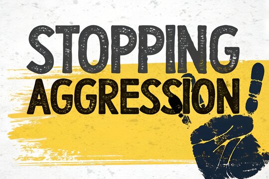 Bold graphic illustration features the text stopping aggression displayed clearly with a painted handprint on a bright yellow textured background