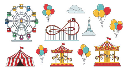 Fototapeta premium Amusement Park Elements: Ferris Wheel, Roller Coaster, Carousel, Tent, Balloons