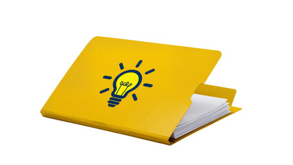 Yellow Folder with Lightbulb Graphic and Stacked White Paper Sheets © Maros