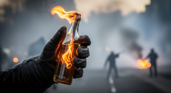 Civil unrest with burning Molotov cocktail held by individual in dark gloves. Tense atmosphere with smoke and chaotic backdrop showing rioters in the distance.