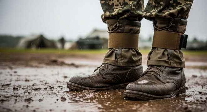 Military boots in muddy terrain with camouflaged pants, showcasing rugged footwear designed for field conditions.