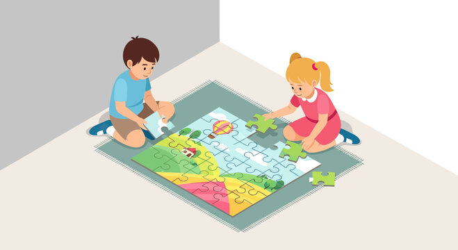 Children Boy and Girl Assembling Large Jigsaw Puzzle on Floor Rug Together