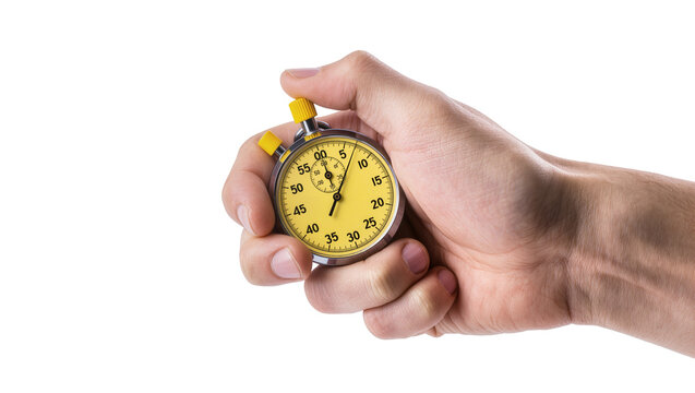 Human hand holding vintage chrome stopwatch with yellow and black markings