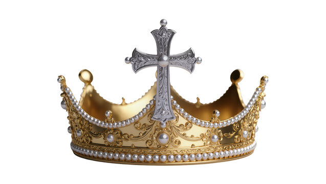 Ornate Gold Crown with Silver Cross and Pearl Embellishments