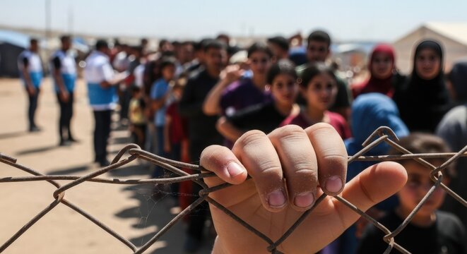 Displaced individuals waiting in line behind wire fence at refugee camp with humanitarian workers providing assistance.
