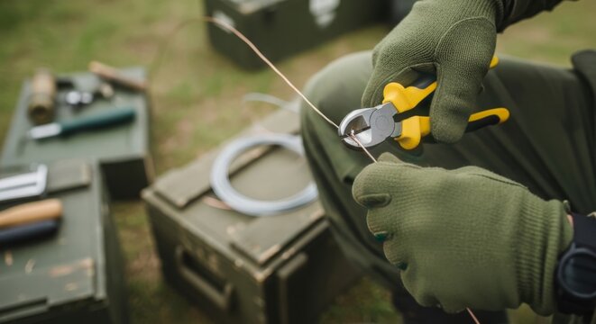 Wire cutting with handheld tools and military equipment in field conditions, worker wearing gloves focuses on precise task. Wire cutting represents essential skills and techniques used in military.