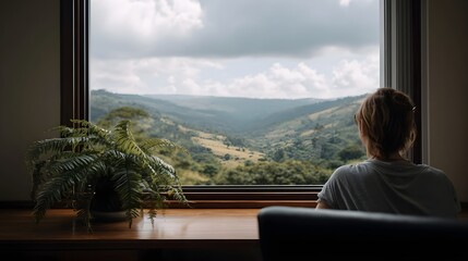 Fototapeta premium A person contemplates the sweeping natural landscape viewed through a window blending interior comfort with outdoor vista