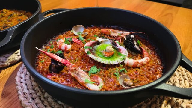 Seafood paella, top view, served on a wooden table. The dish features shrimp, mussels, and squid over golden saffron rice rich with spices. Spanish culinary tradition and Mediterranean serving style