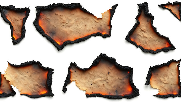 Realistic burned paper pieces collection with charred edges isolated on white background