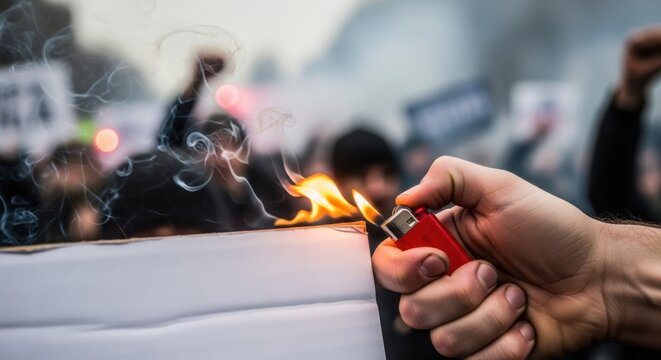 Hand lighting protest sign with lighter igniting flame during demonstration, surrounded by raising fists and smoke in the air.