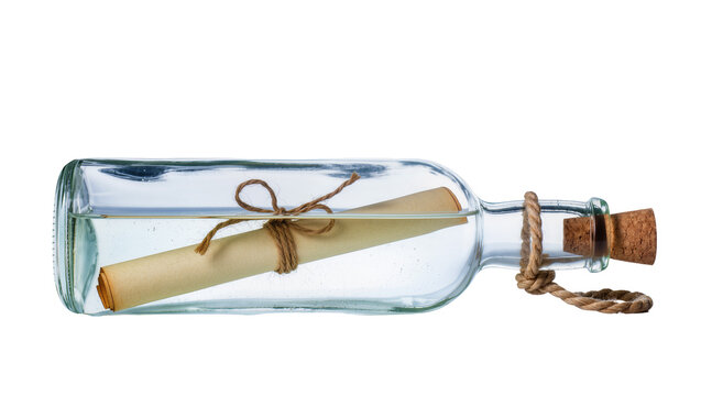 Clear glass bottle containing rolled parchment scroll tied with ribbon