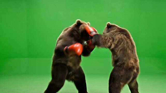Two brown bears fighting with boxing gloves on green background screen