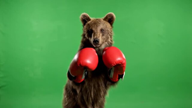 A brown bear wearing red boxing gloves stands against a green screen background.