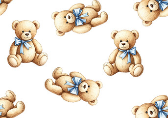 Fototapeta premium Cute Teddy Bear Seamless Pattern Baby Nursery Acrylic Hand Painted Texture