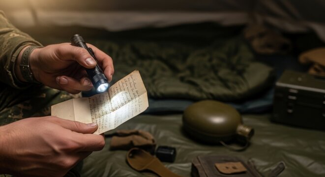 Soldier reading letter with flashlight in wartime setting, military equipment surrounding for tactical communication, emphasizing connection during conflict. Concept for war-themed projects,