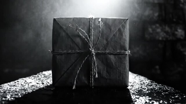 Black and white close up of a small package wrapped with twine placed on a stone surface.