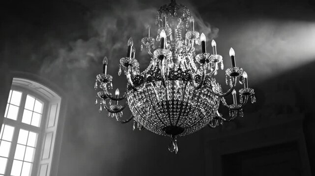 Dramatic black and white shot of a sparkling crystal chandelier with flowing smoke in an elegant room with a window