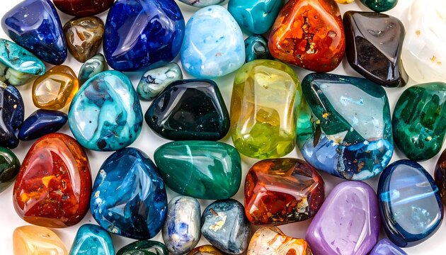 Polished, multi-colored gemstone collection, close-up. Varied textures & smooth surfaces create a vibrant mineral mosaic